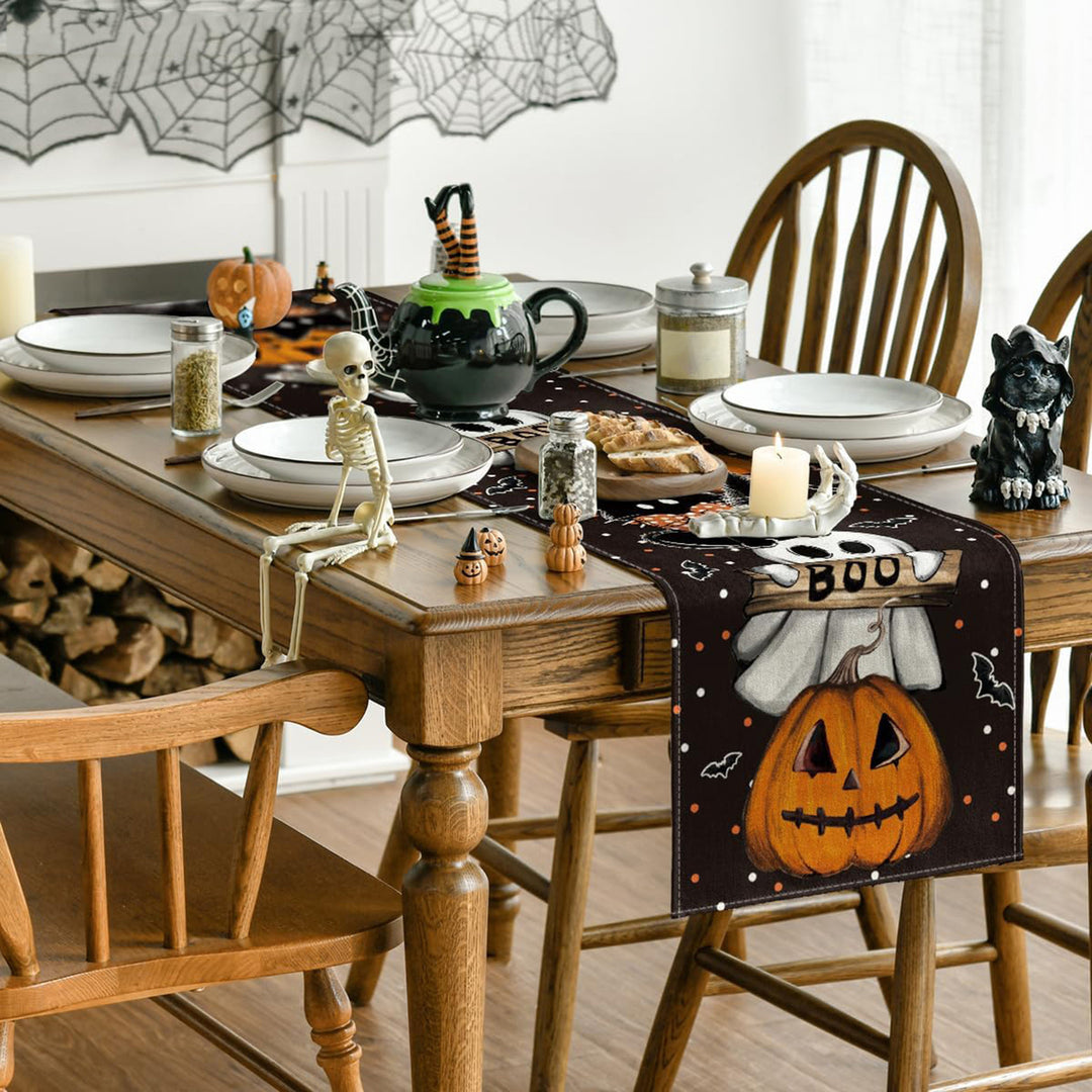 Halloween Table Runner Spider Web Pumpkin Cartoon Ghost Print Rectangle Easy Care Table Protection Banquets Party Image 12