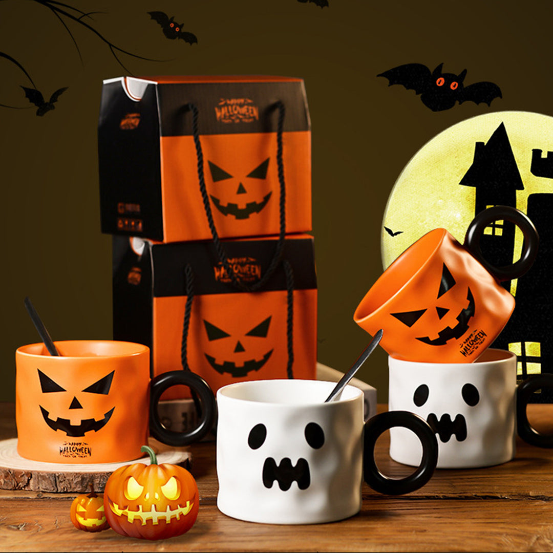 450ml Pumpkin Mug Ceramic Coffee Cup with Spoon Happy Halloween Pattern Spooky Pumpkin Design Microwave Safe Drinkware Image 3