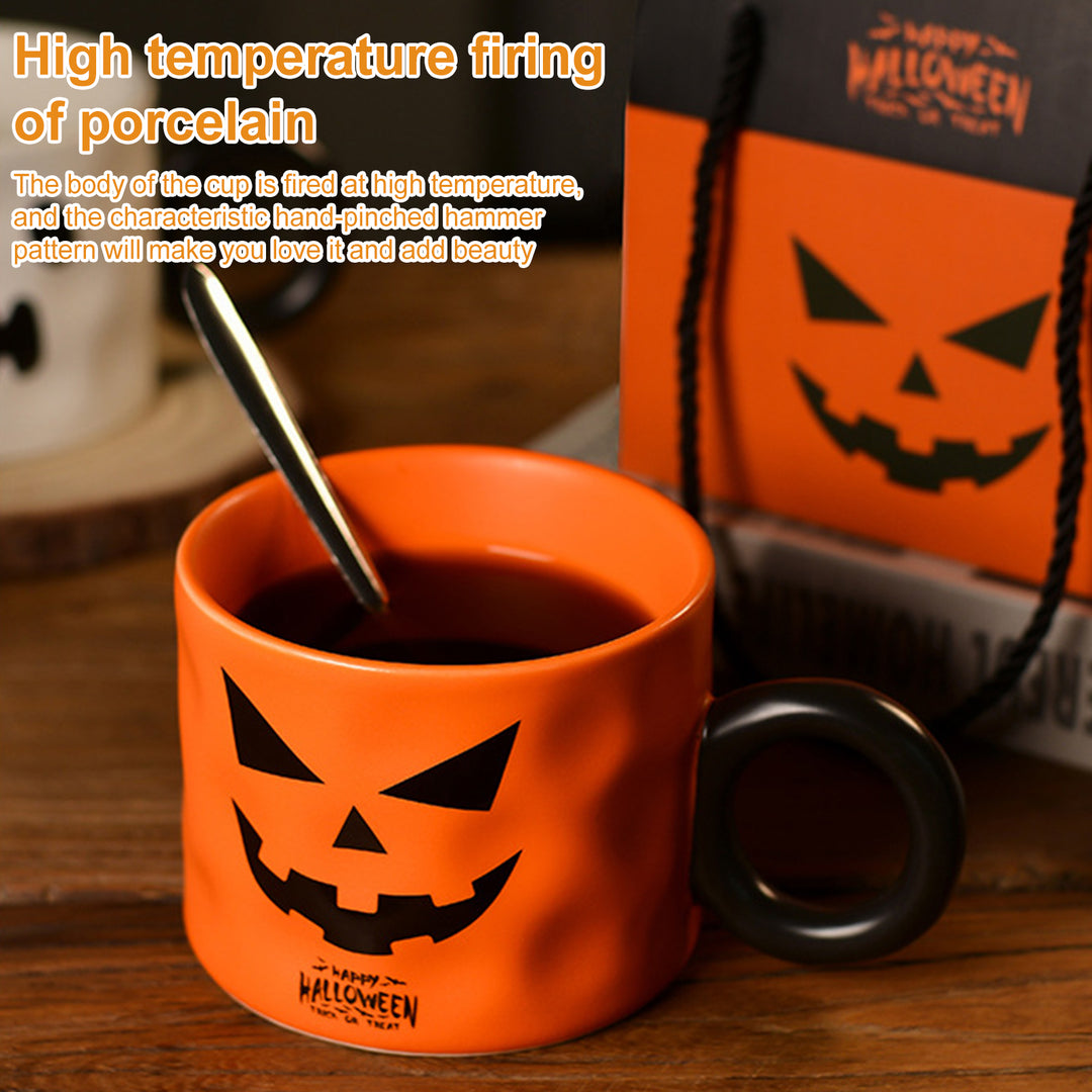 450ml Pumpkin Mug Ceramic Coffee Cup with Spoon Happy Halloween Pattern Spooky Pumpkin Design Microwave Safe Drinkware Image 4