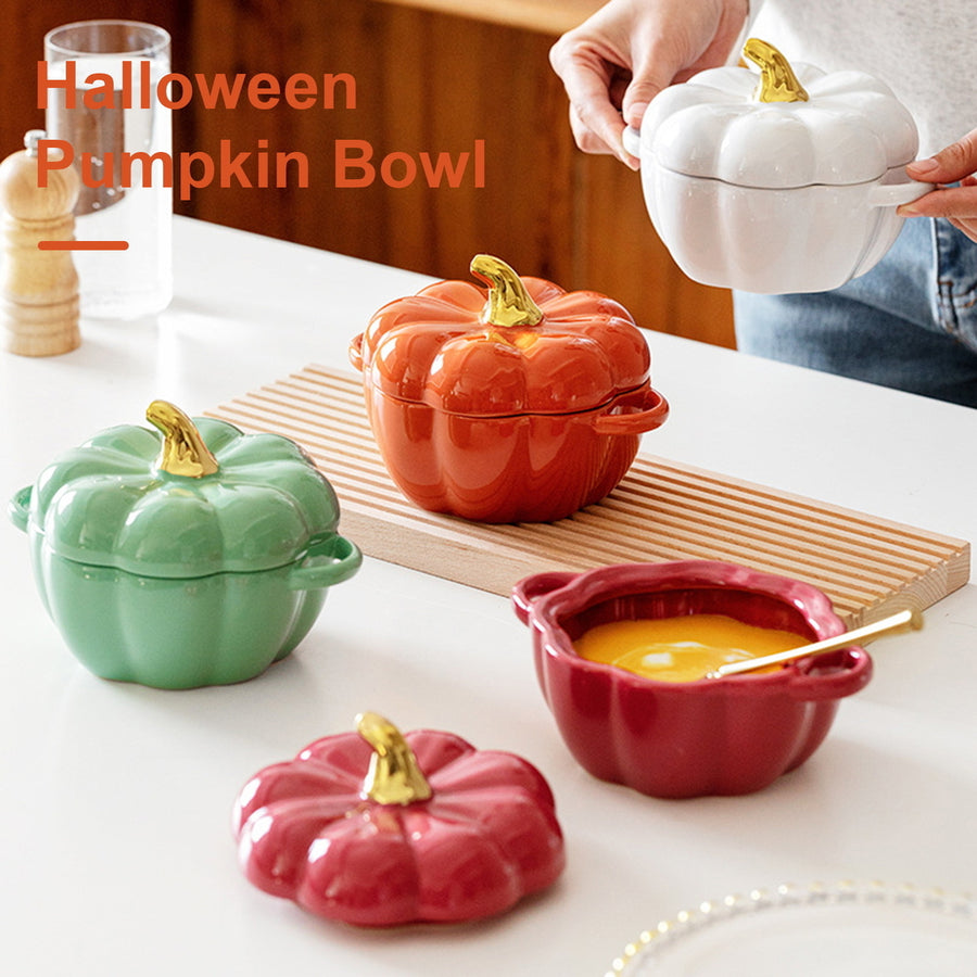 Pumpkin Bowl with Double Handles Stackable Ceramic Pumpkin Soup Bowls Enamel Pumpkin Snack Container for Baking Serving Image 1