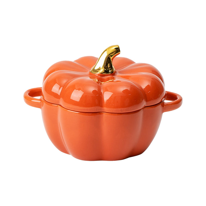 Pumpkin Bowl with Double Handles Stackable Ceramic Pumpkin Soup Bowls Enamel Pumpkin Snack Container for Baking Serving Image 4