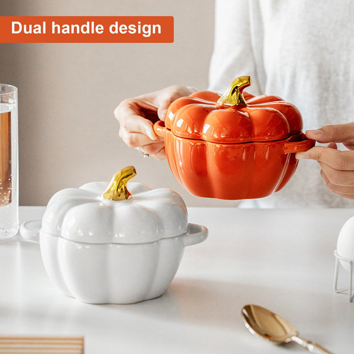 Pumpkin Bowl with Double Handles Stackable Ceramic Pumpkin Soup Bowls Enamel Pumpkin Snack Container for Baking Serving Image 6