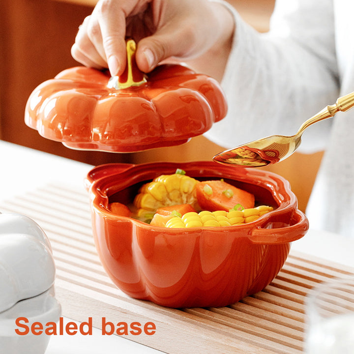 Pumpkin Bowl with Double Handles Stackable Ceramic Pumpkin Soup Bowls Enamel Pumpkin Snack Container for Baking Serving Image 7