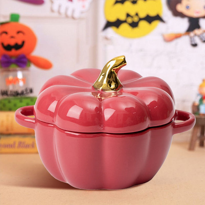 Pumpkin Bowl with Double Handles Stackable Ceramic Pumpkin Soup Bowls Enamel Pumpkin Snack Container for Baking Serving Image 8