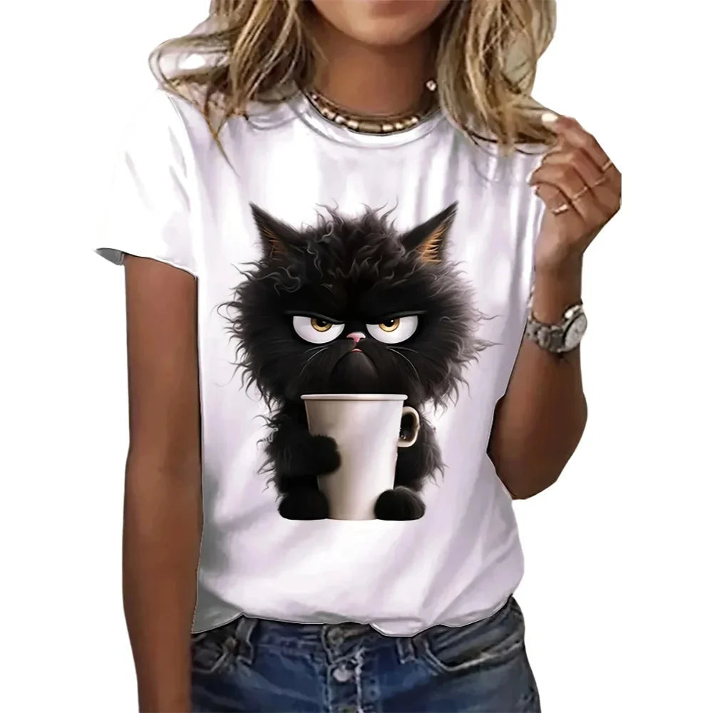 Funny Cat Women Summer White Print T-shirt Girl Casual Short Sleeve O Neck Top For Summer Female Animal Clothing Image 1