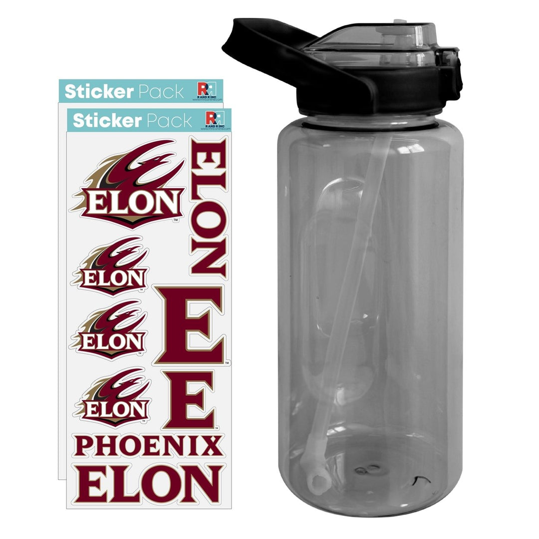 64 oz Large Water Bottle with Elon University Waterproof Stickers Screw-on Top and Straw Officially Licensed Product Image 1