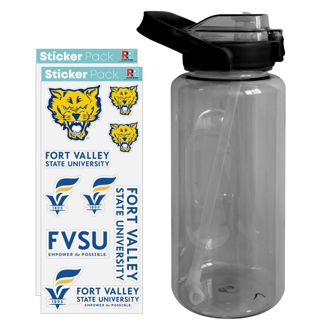 64 oz Large Water Bottle with Fort Valley State University Waterproof Stickers Screw-on Top and Straw Officially Image 1