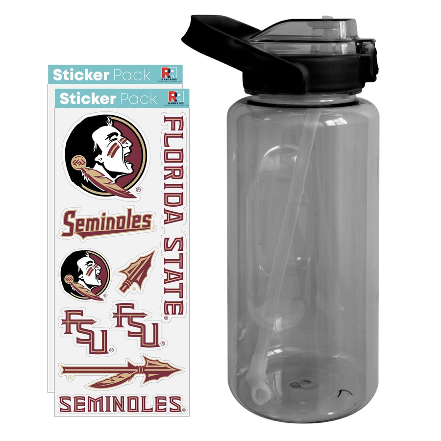 64 oz Large Water Bottle with Florida State Seminoles Waterproof Stickers Screw-on Top and Straw Officially Licensed Image 1