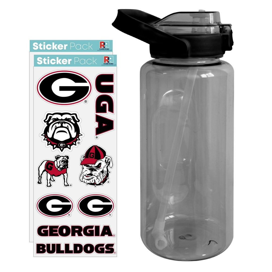 64 oz Large Water Bottle with Georgia Bulldogs Waterproof Stickers Screw-on Top and Straw Officially Licensed Product Image 1