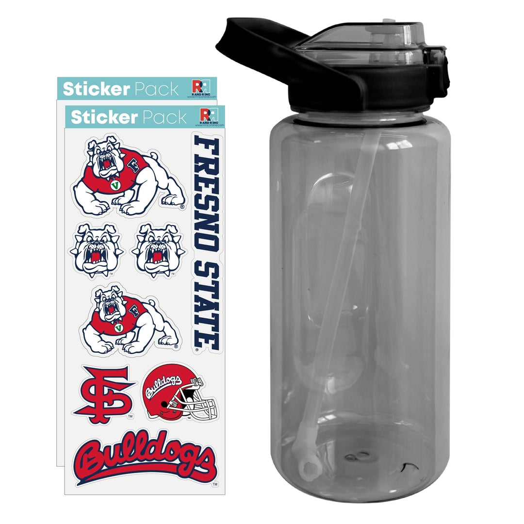 64 oz Large Water Bottle with Fresno State Bulldogs Waterproof Stickers Screw-on Top and Straw Officially Licensed Image 1