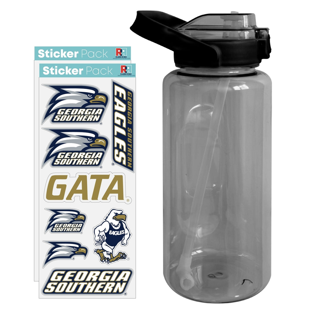 64 oz Large Water Bottle with Georgia Southern Eagles Waterproof Stickers Screw-on Top and Straw Officially Licensed Image 1