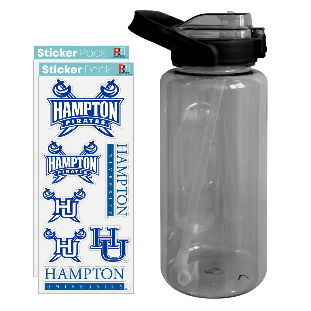 64 oz Large Water Bottle with Hampton University Waterproof Stickers Screw-on Top and Straw Officially Licensed Product Image 1