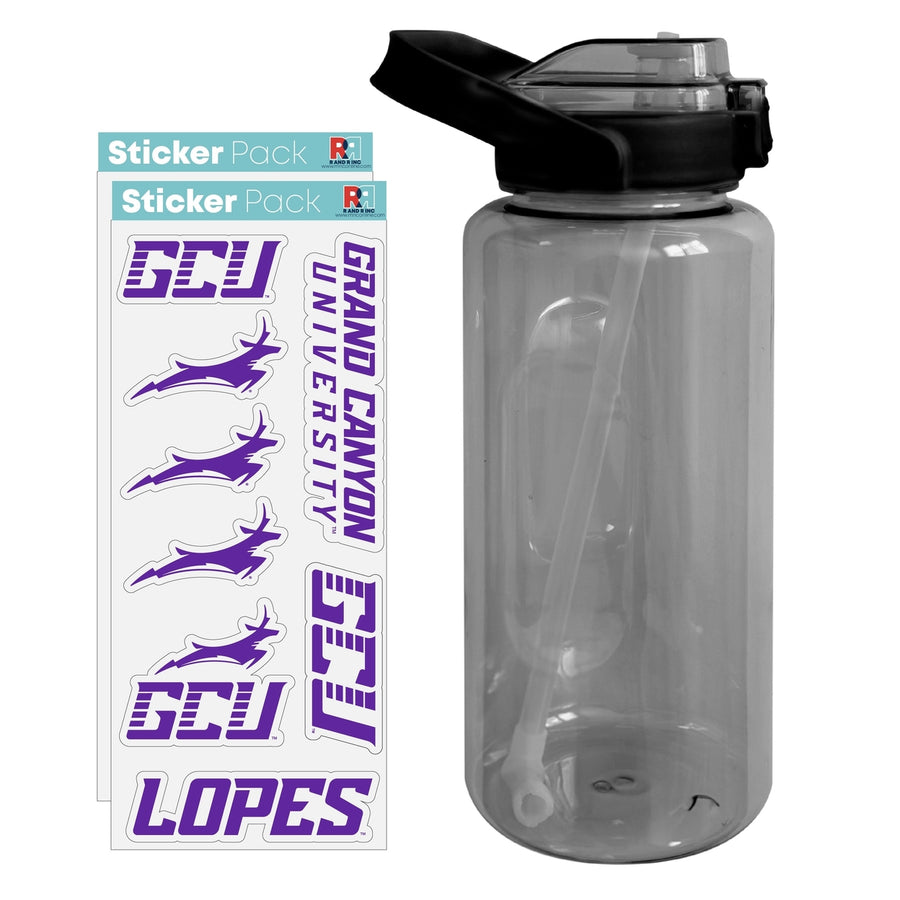 64 oz Large Water Bottle with Grand Canyon University Lopes Waterproof Stickers Screw-on Top and Straw Officially Image 1