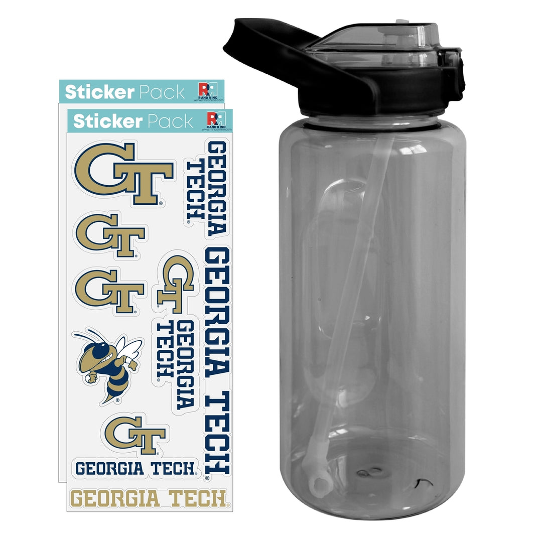 64 oz Large Water Bottle with Georgia Tech Yellow Jackets Waterproof Stickers Screw-on Top and Straw Officially Licensed Image 1