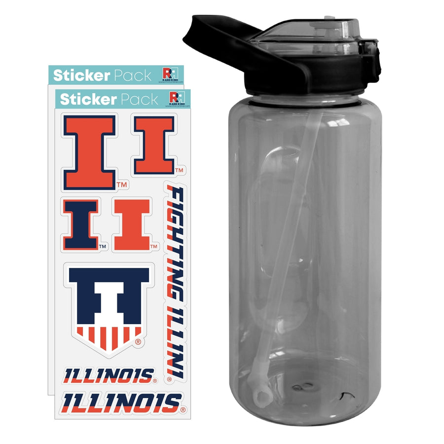 64 oz Large Water Bottle with Illinois Fighting Illini Waterproof Stickers Screw-on Top and Straw Officially Licensed Image 1