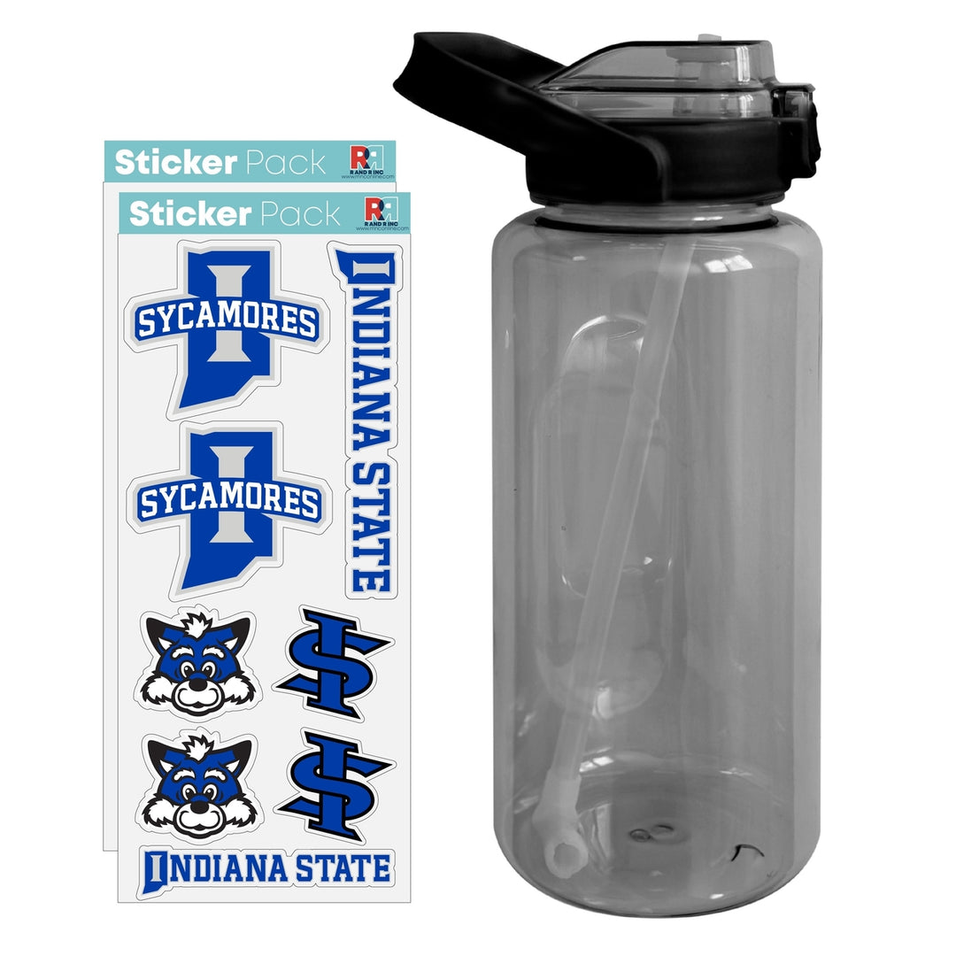 64 oz Large Water Bottle with Indiana State University Waterproof Stickers Screw-on Top and Straw Officially Licensed Image 1