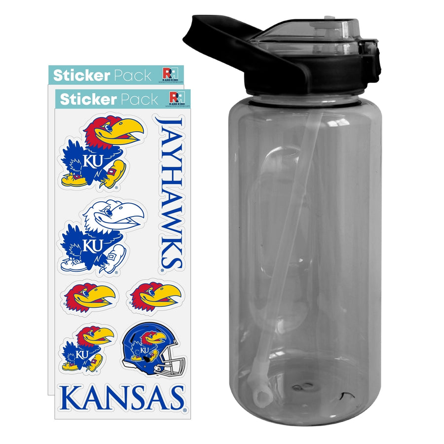 64 oz Large Water Bottle with Kansas Jayhawks Waterproof Stickers Screw-on Top and Straw Officially Licensed Product Image 1