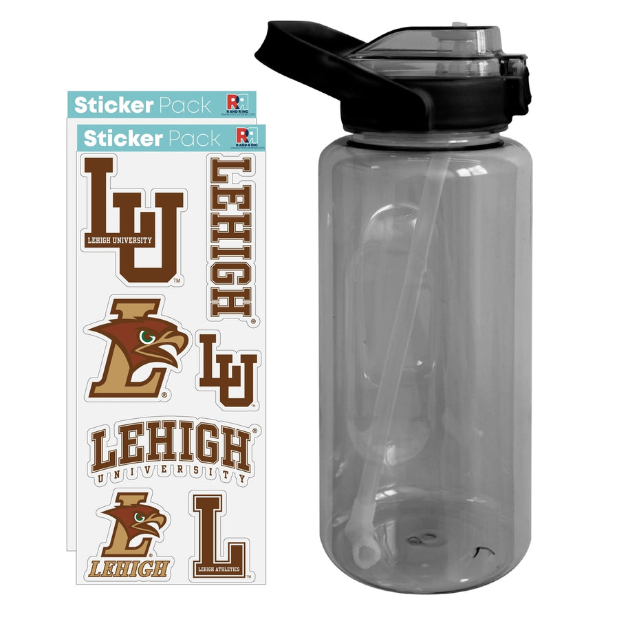 64 oz Large Water Bottle with Lehigh University Mountain Hawks Waterproof Stickers Screw-on Top and Straw Officially Image 1