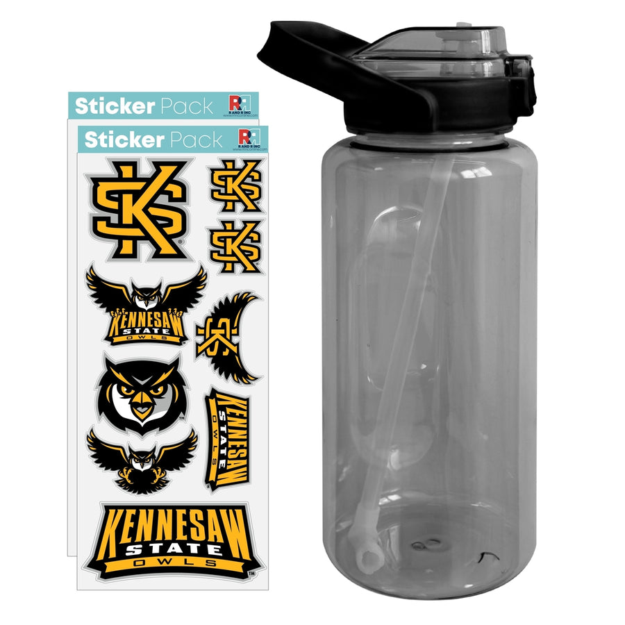 64 oz Large Water Bottle with Kennesaw State University Waterproof Stickers Screw-on Top and Straw Officially Licensed Image 1