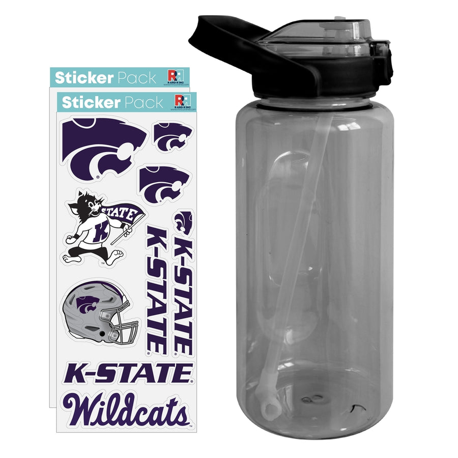 64 oz Large Water Bottle with Kansas State Wildcats Waterproof Stickers Screw-on Top and Straw Officially Licensed Image 1