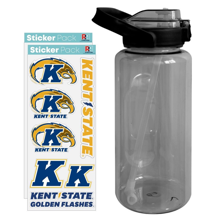 64 oz Large Water Bottle with Kent State University Waterproof Stickers Screw-on Top and Straw Officially Licensed Image 1