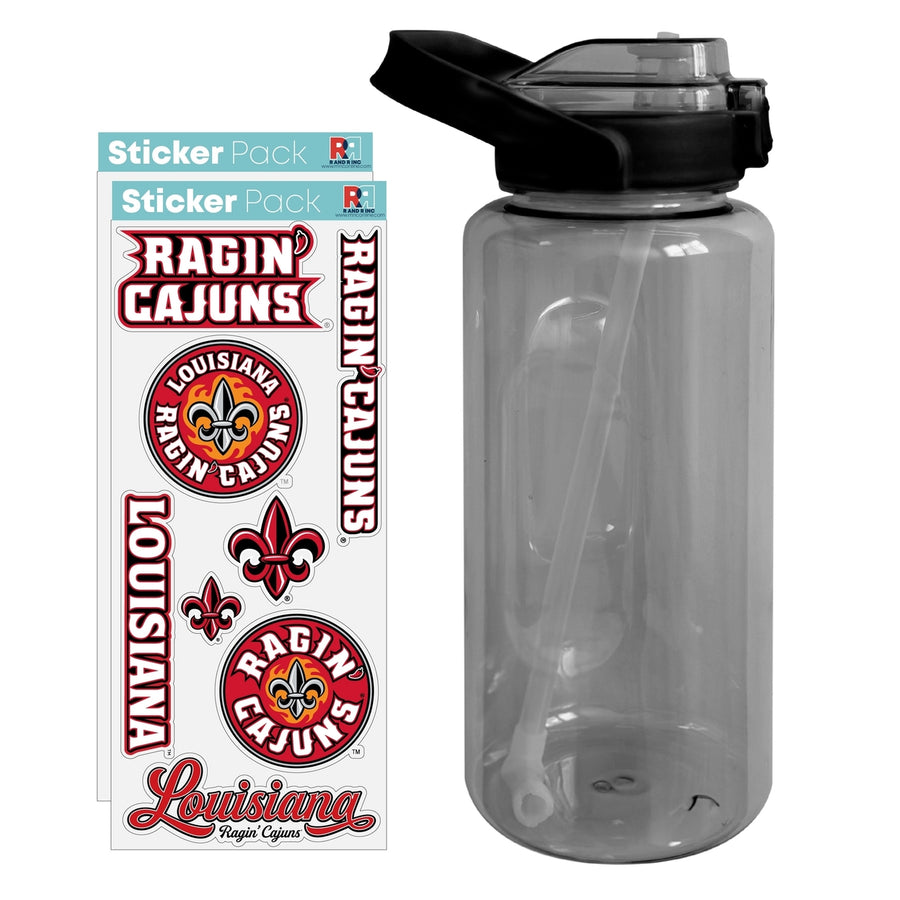 64 oz Large Water Bottle with Louisiana at Lafayette Ragin Cajuns Waterproof Stickers Screw-on Top and Straw Officially Image 1