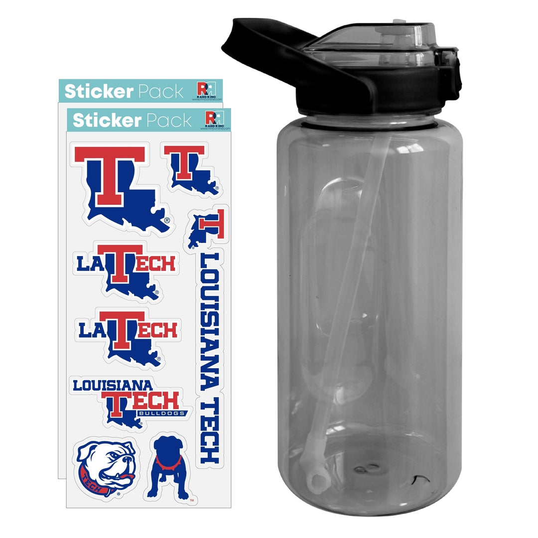 64 oz Large Water Bottle with Louisiana Tech Bulldogs Waterproof Stickers Screw-on Top and Straw Officially Licensed Image 1