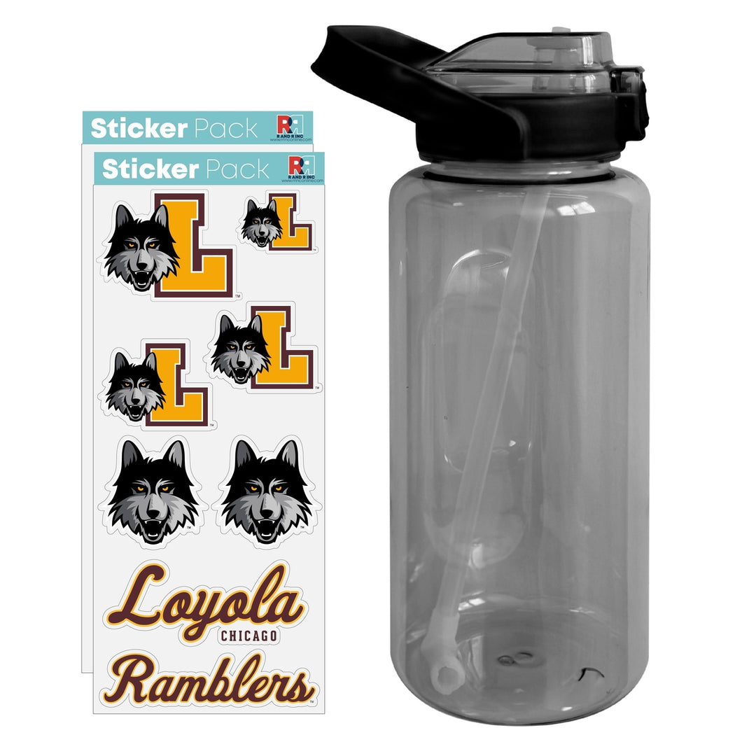 64 oz Large Water Bottle with Loyola University Ramblers Waterproof Stickers Screw-on Top and Straw Officially Licensed Image 1