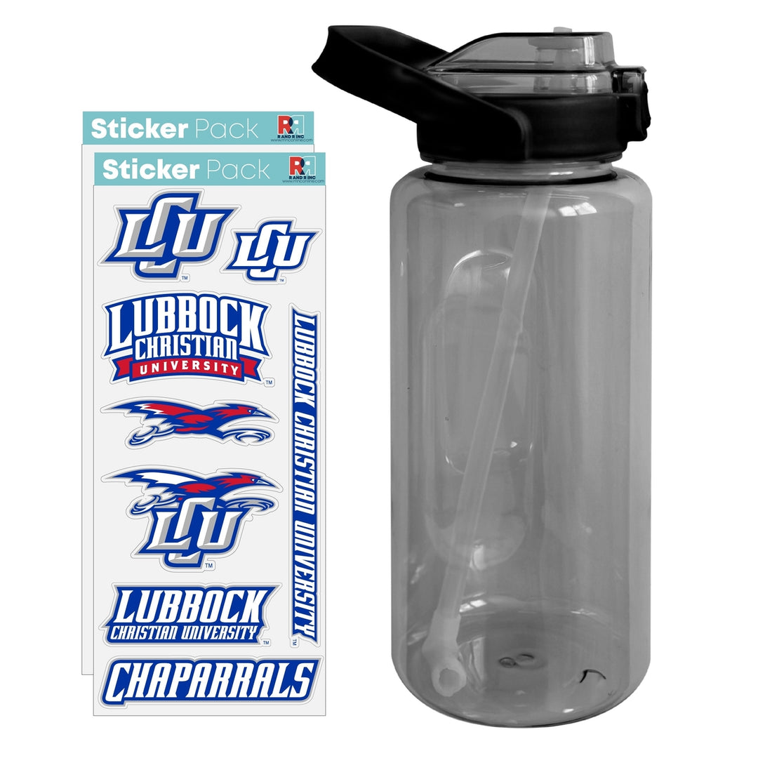 64 oz Large Water Bottle with Lubbock Christian University Chaparral Waterproof Stickers Screw-on Top and Straw Image 1