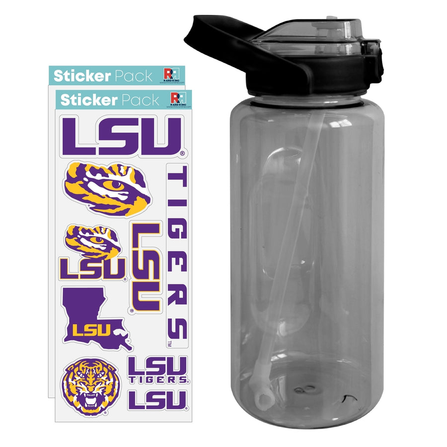 64 oz Large Water Bottle with LSU Tigers Waterproof Stickers Screw-on Top and Straw Officially Licensed Product Image 1