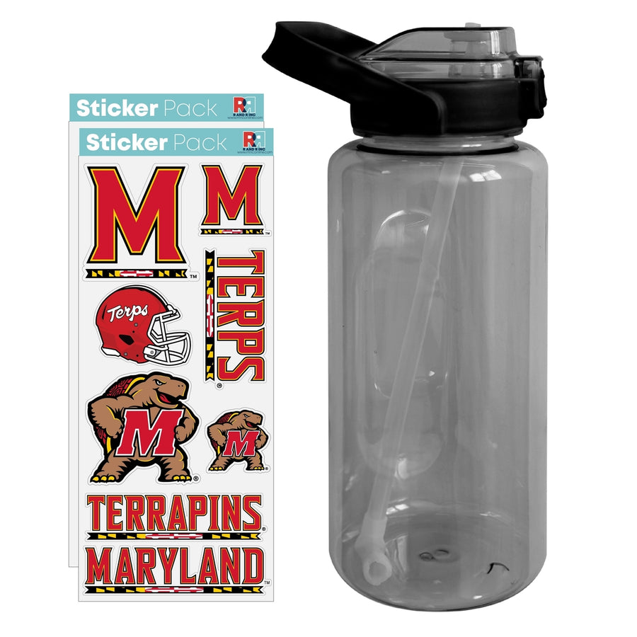 64 oz Large Water Bottle with Maryland Terrapins Waterproof Stickers Screw-on Top and Straw Officially Licensed Product Image 1