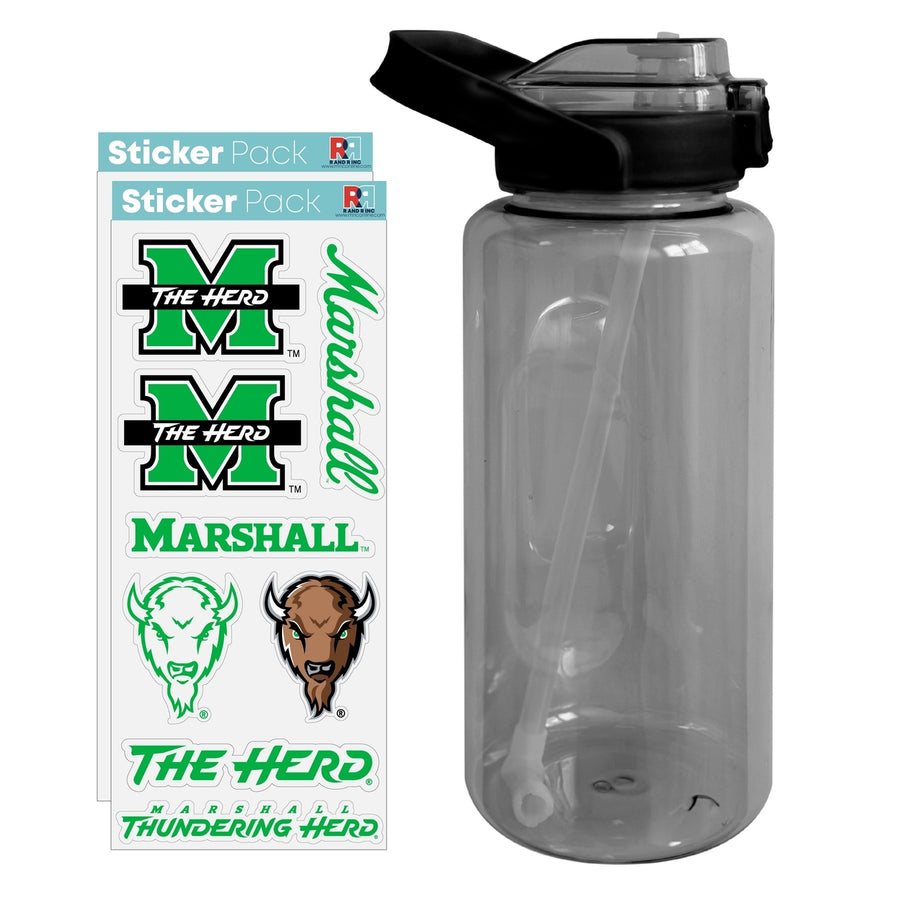 64 oz Large Water Bottle with Marshall Thundering Herd Waterproof Stickers Screw-on Top and Straw Officially Licensed Image 1