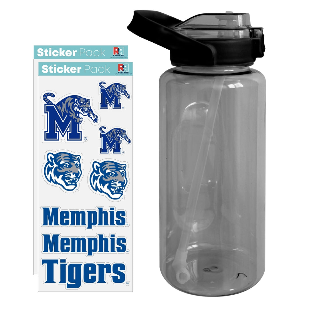 64 oz Large Water Bottle with Memphis Tigers Waterproof Stickers Screw-on Top and Straw Officially Licensed Product Image 1