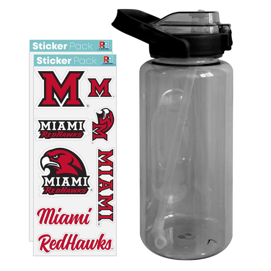 64 oz Large Water Bottle with Miami University of Ohio Waterproof Stickers Screw-on Top and Straw Officially Licensed Image 1