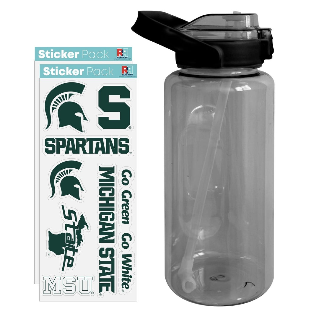 64 oz Large Water Bottle with Michigan State Spartans Waterproof Stickers Screw-on Top and Straw Officially Licensed Image 1