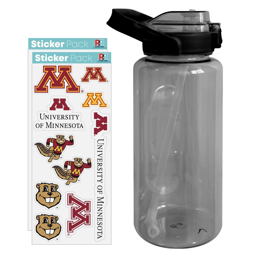 64 oz Large Water Bottle with Minnesota Gophers Waterproof Stickers Screw-on Top and Straw Officially Licensed Product Image 1