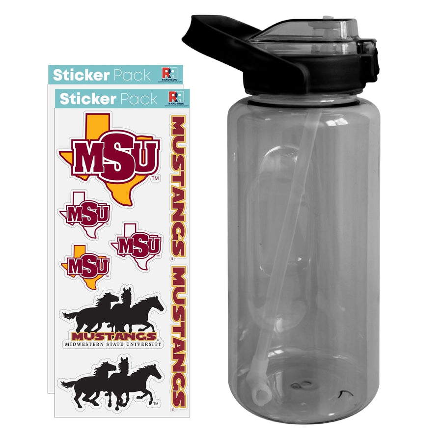 64 oz Large Water Bottle with Midwestern State University Mustangs Waterproof Stickers Screw-on Top and Straw Officially Image 1