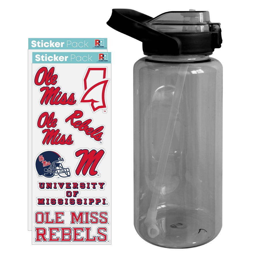 64 oz Large Water Bottle with Mississippi Rebels "Ole Miss" Waterproof Stickers Screw-on Top and Straw Officially Image 1