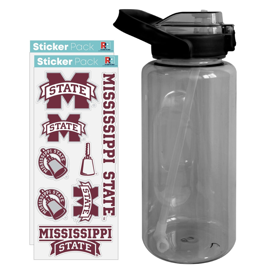 64 oz Large Water Bottle with Mississippi State Bulldogs Waterproof Stickers Screw-on Top and Straw Officially Licensed Image 1