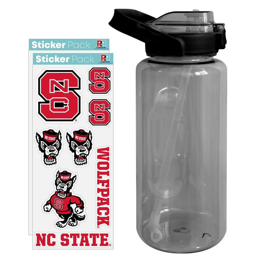 64 oz Large Water Bottle with NC State Wolfpack Waterproof Stickers Screw-on Top and Straw Officially Licensed Product Image 1