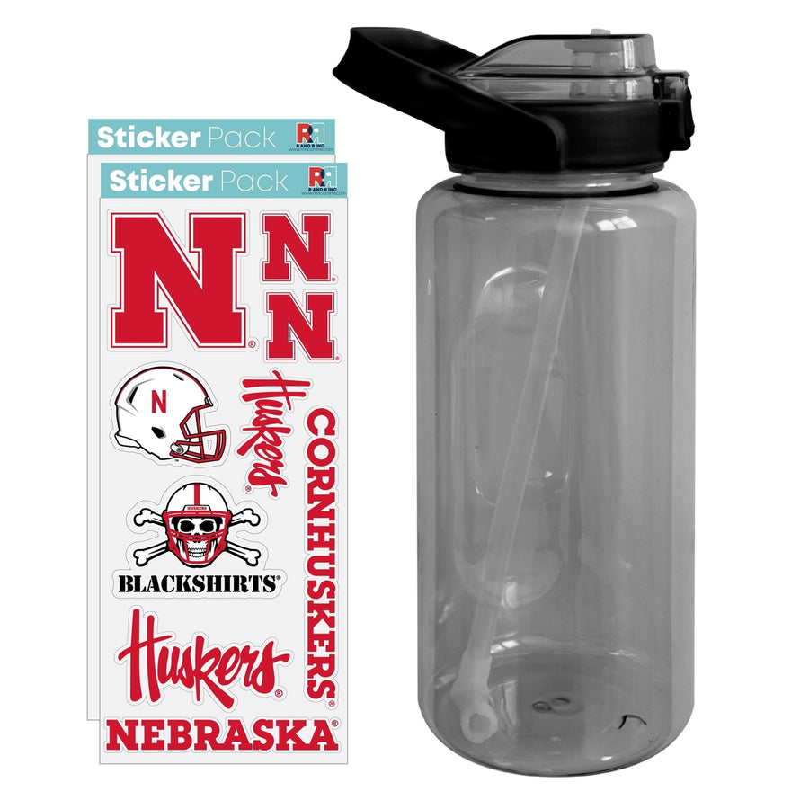 64 oz Large Water Bottle with Nebraska Cornhuskers Waterproof Stickers Screw-on Top and Straw Officially Licensed Image 1