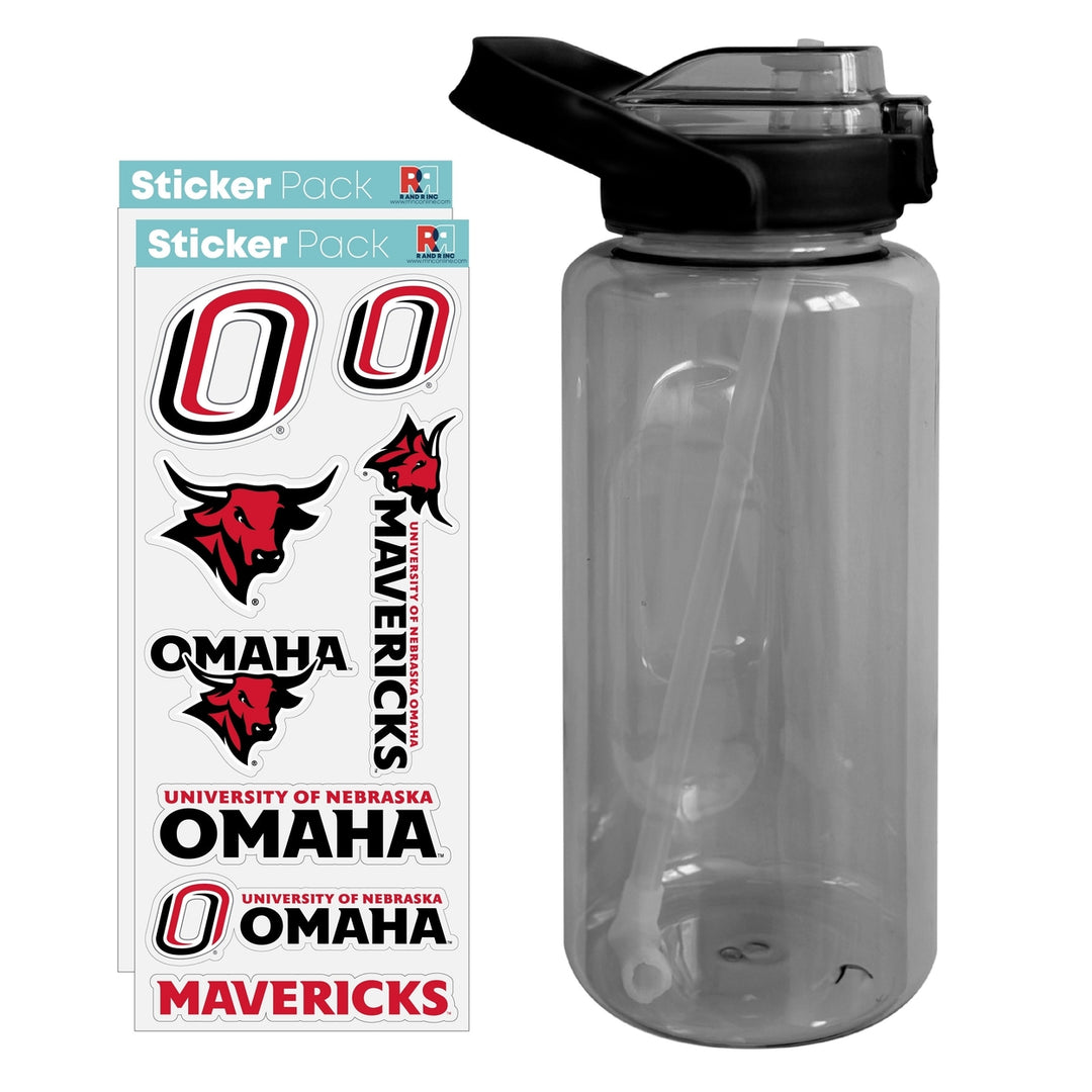 64 oz Large Water Bottle with Nebraska at Omaha Waterproof Stickers Screw-on Top and Straw Officially Licensed Product Image 1