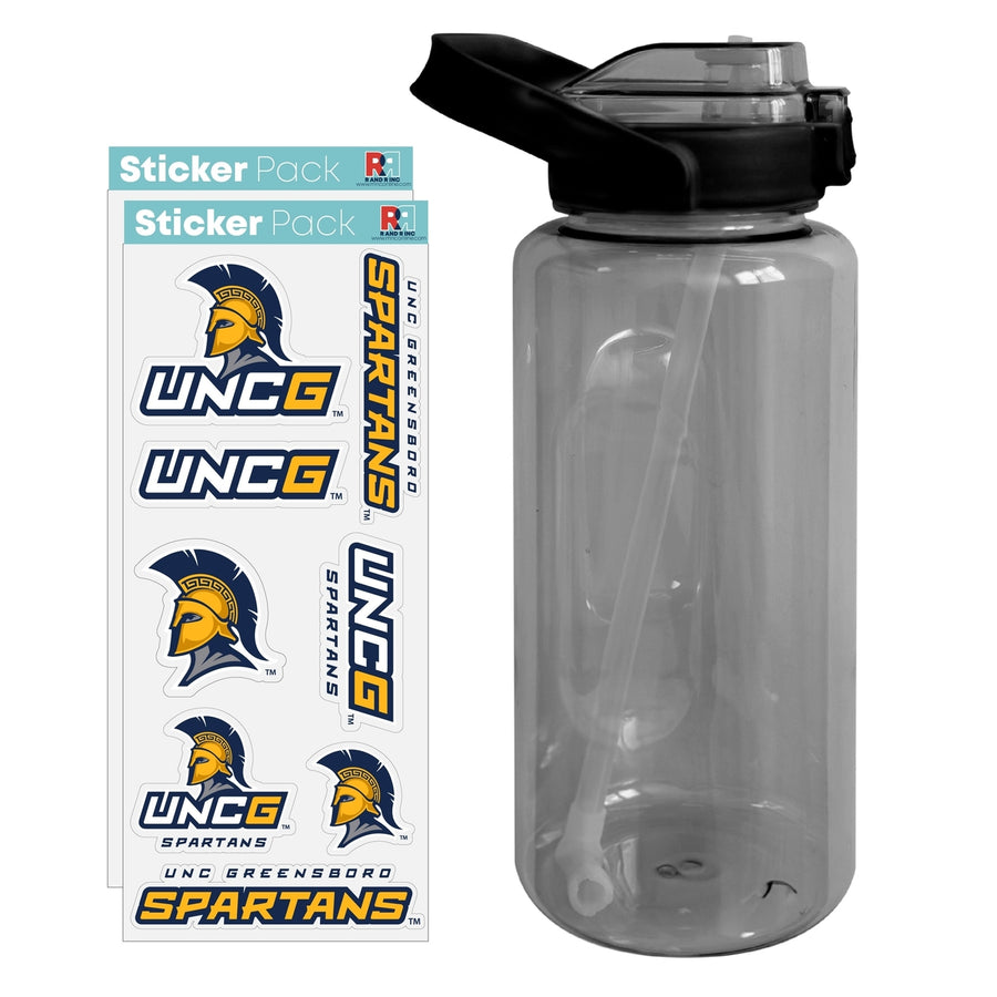 64 oz Large Water Bottle with North Carolina Greensboro Spartans Waterproof Stickers Screw-on Top and Straw Officially Image 1