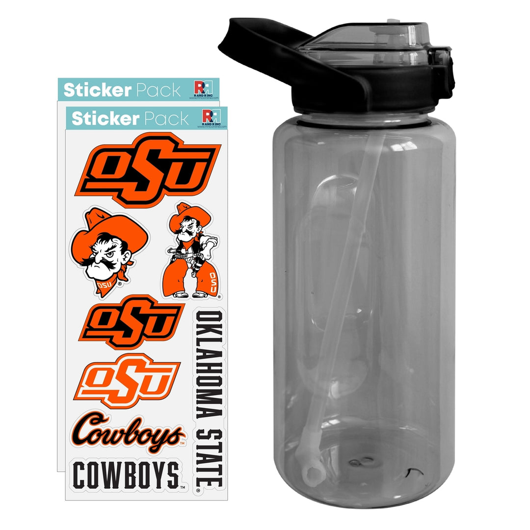 64 oz Large Water Bottle with Oklahoma State Cowboys Waterproof Stickers Screw-on Top and Straw Officially Licensed Image 1