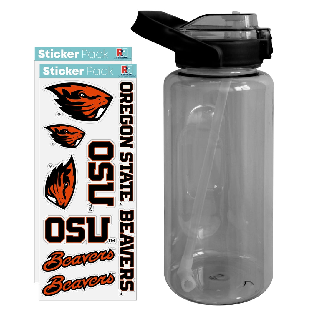 64 oz Large Water Bottle with Oregon State Beavers Waterproof Stickers Screw-on Top and Straw Officially Licensed Image 1