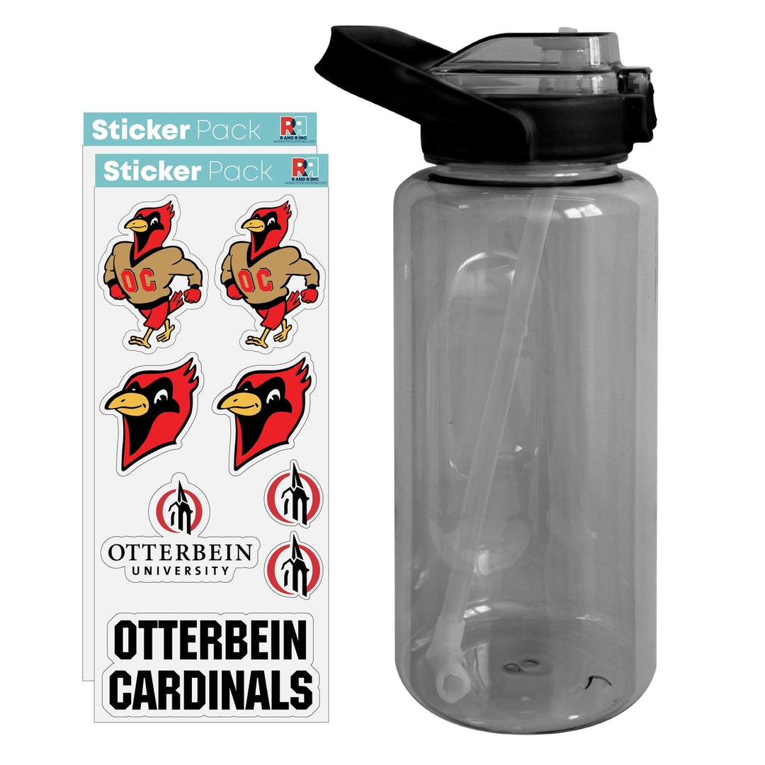 64 oz Large Water Bottle with Otterbein University Waterproof Stickers Screw-on Top and Straw Officially Licensed Image 1