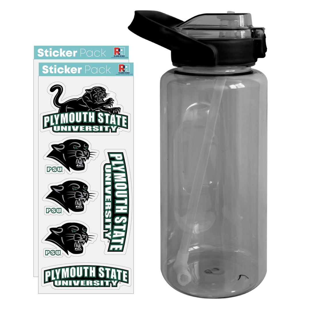 64 oz Large Water Bottle with Plymouth State University Waterproof Stickers Screw-on Top and Straw Officially Licensed Image 1