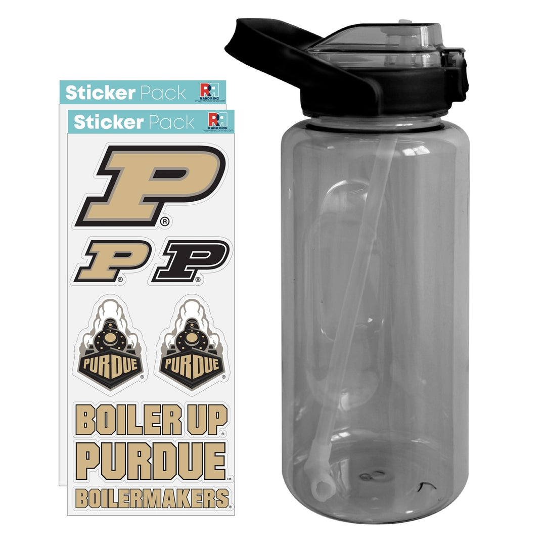 64 oz Large Water Bottle with Purdue Boilermakers Waterproof Stickers Screw-on Top and Straw Officially Licensed Product Image 1