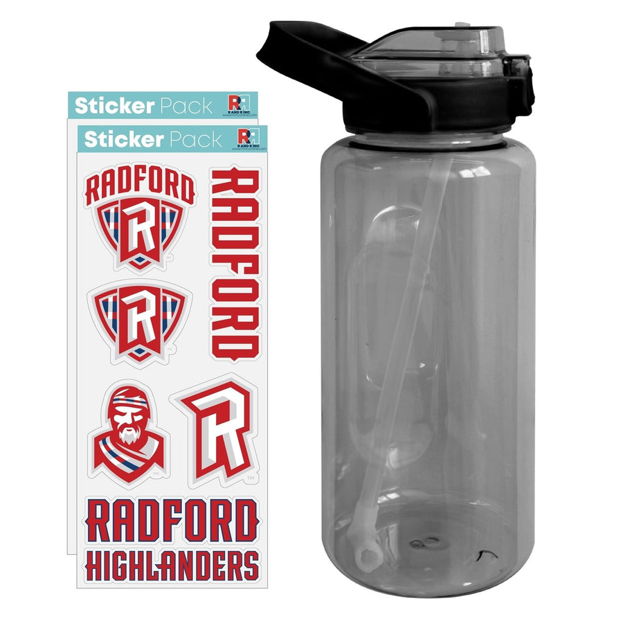 64 oz Large Water Bottle with Radford University Highlanders Waterproof Stickers Screw-on Top and Straw Officially Image 1