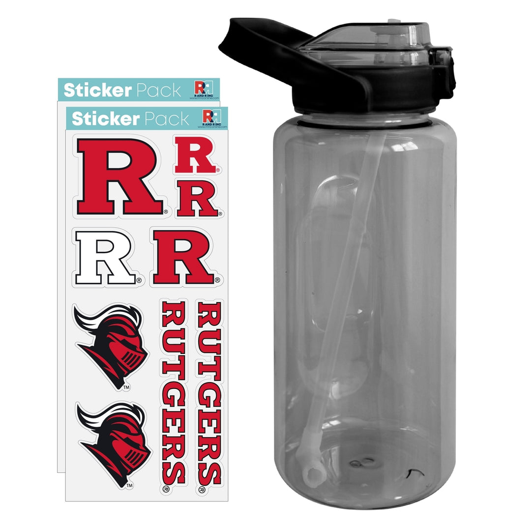 64 oz Large Water Bottle with Rutgers Scarlet Knights Waterproof Stickers Screw-on Top and Straw Officially Licensed Image 1